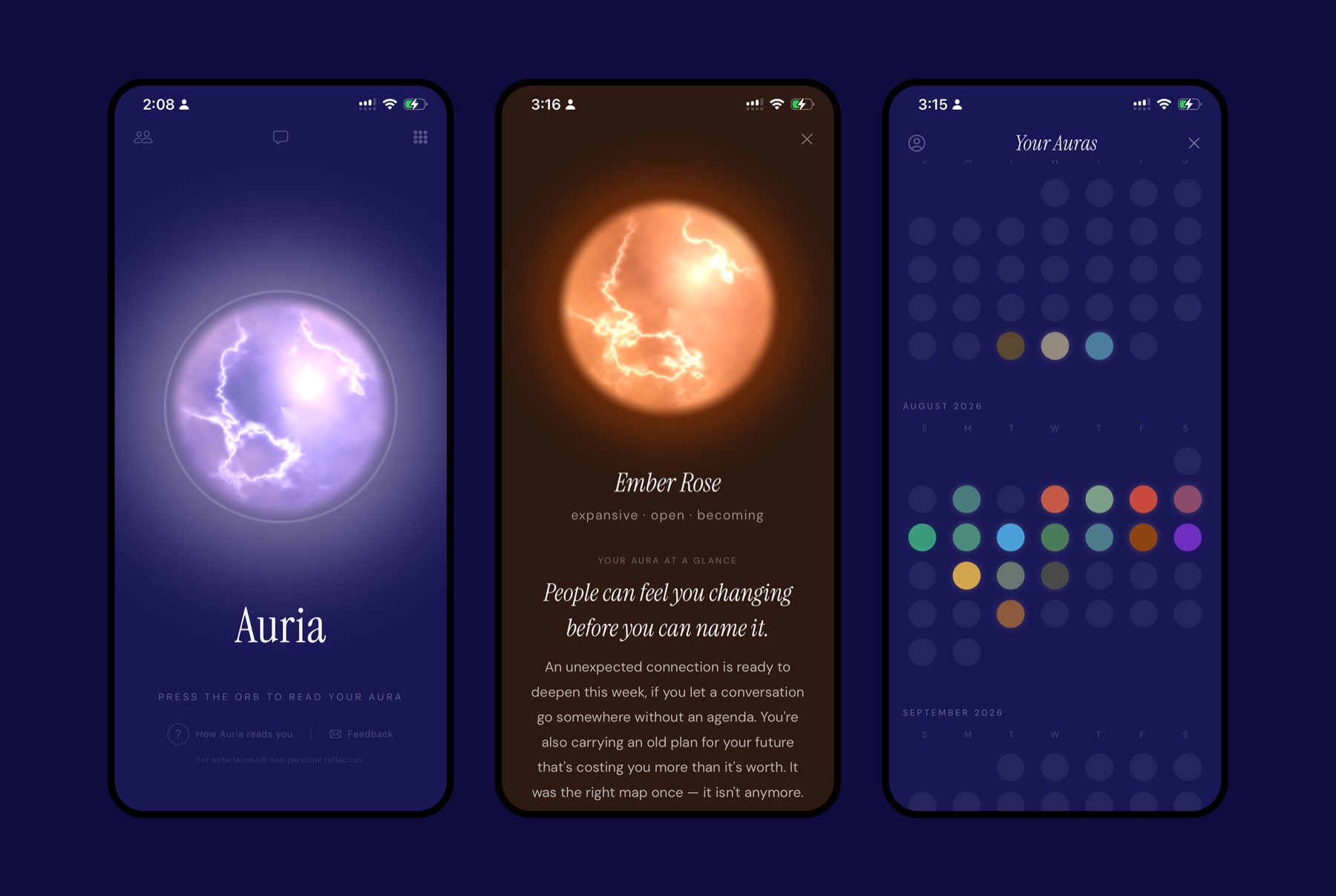 Three Auria screens: the home orb, an Ember Rose aura reading, and the Your Auras color calendar