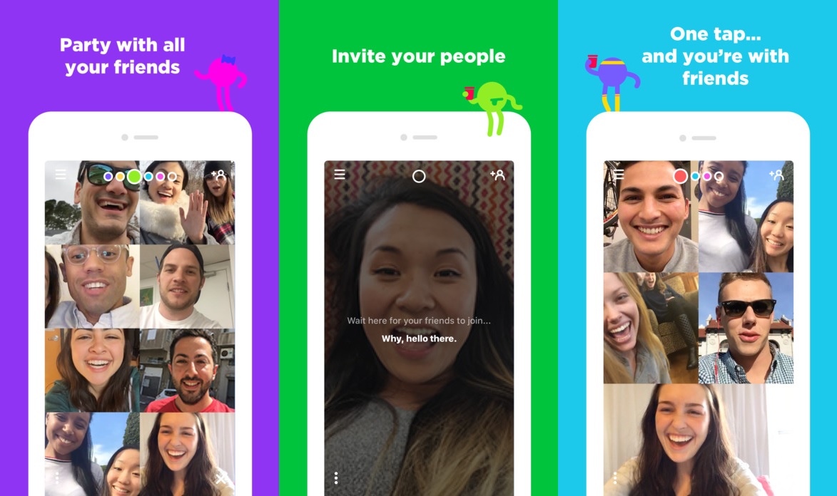 Three Houseparty App Store screens: a grid of friends on video, a waiting room, and a group call
