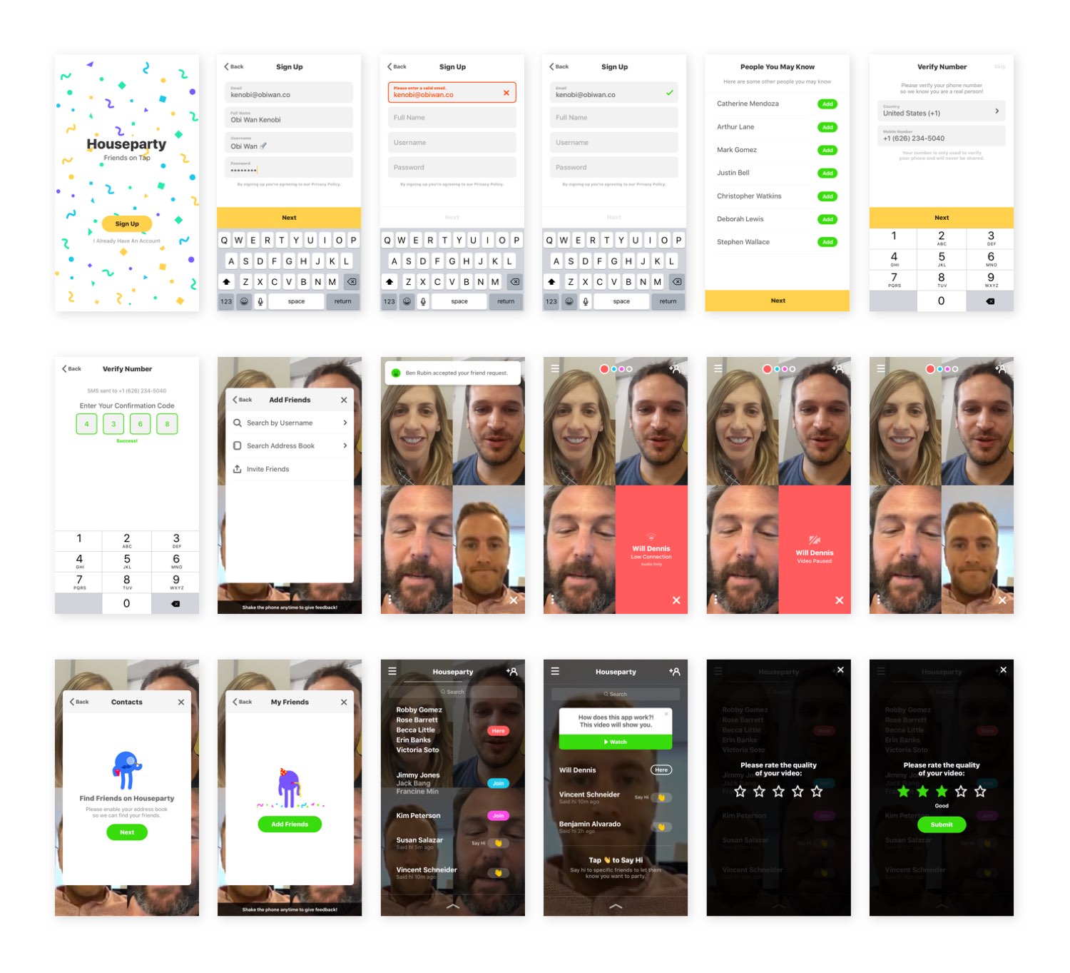 Eighteen screens from an early Houseparty build: sign up, verify number, add friends, a live room, Say Hi, and a video quality rating prompt