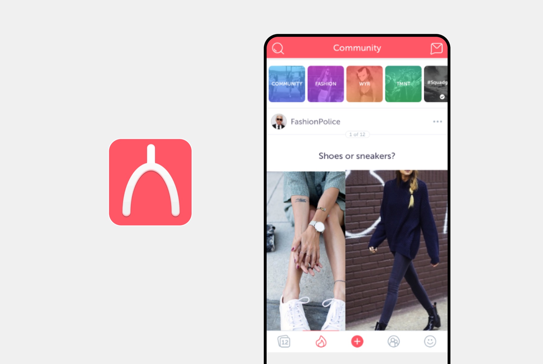 The Wishbone app icon beside a phone showing a Shoes or sneakers? comparison in the Community feed