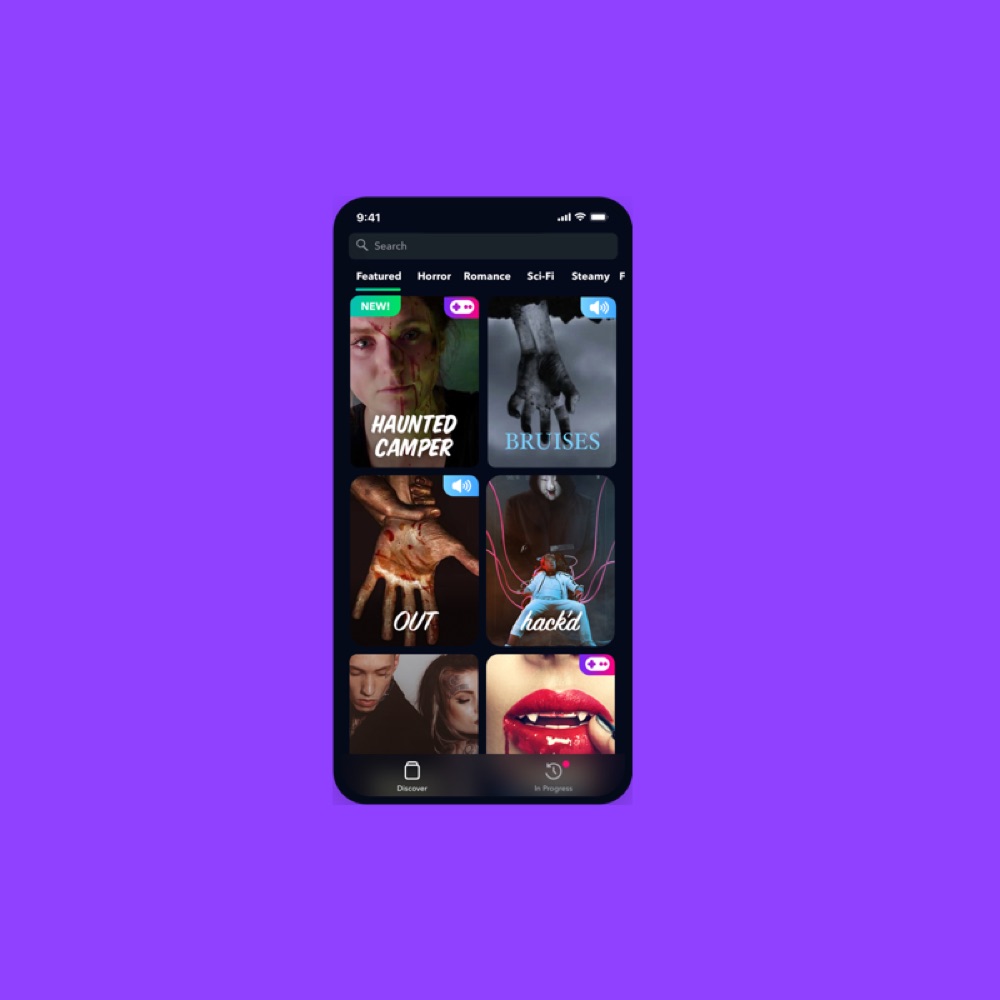The Yarn discover grid, showing story covers by genre